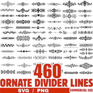 Puede incluir: Una colección de 460 líneas divisorias ornamentadas en negro, con varios diseños florales, de hojas y decorativos. La imagen incluye el texto "460 ORNATE DIVIDER LINES SVG / PNG COMMERCIAL USE".