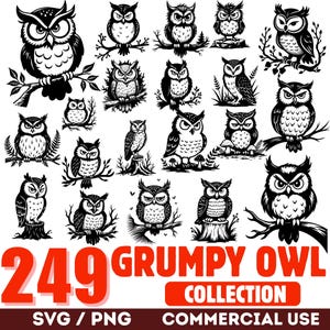 Pode incluir: Uma coleção de 249 ilustrações de corujas rabugentas em preto e branco, em várias poses, empoleiradas em galhos e tocos. A imagem inclui o texto "249 GRUMPY OWL COLLECTION SVG / PNG COMMERCIAL USE."