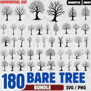 Könnte beinhalten: Eine Sammlung von 180 Baum-Silhouetten ohne Blätter in Schwarz, ideal für Bastelprojekte. Das Bild zeigt verschiedene Baumdesigns, von einfachen Umrissen bis hin zu detaillierten Ästen, mit dem Text "180 BARE TREE BUNDLE" in Blau und Weiß.