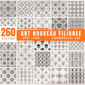 Op de afbeelding: Een verzameling van 260 zwart-witte Art Nouveau filigraan ontwerpen. De ontwerpen worden weergegeven in een rasterpatroon, met verschillende bloemen- en geometrische patronen. De afbeelding bevat de tekst "ART NOUVEAU FILIGREE" en "SVG - PNG / COMMERCIAL USE".