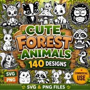 Könnte beinhalten: Eine digitale Sammlung von 140 schwarz-weißen Illustrationen mit Waldtieren wie Hirsch, Dachs, Fuchs, Eule, Hase, Eichhörnchen, Igel, Waschbär, Maus und Specht, inklusive dem Text CUTE FOREST ANIMALS 140 DESIGNS SVG PNG.