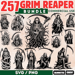 May include: A selection of 12 black and white Grim Reaper illustrations. Each figure is shown in a hooded cloak, holding a scythe. The text "257 Grim Reaper Bundle Commercial Use" is at the top, with "SVG / PNG" at the bottom.