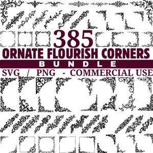 Puede incluir: Un conjunto de 385 esquinas ornamentadas con adornos florales en negro, ideal para proyectos de diseño digital. Incluye varios diseños de esquinas, marcos y elementos decorativos en formatos SVG y PNG para uso comercial.