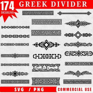 May include: A collection of 174 black Greek divider designs in SVG and PNG formats. The designs include various geometric patterns, ornamental borders, and decorative elements, suitable for graphic design projects.
