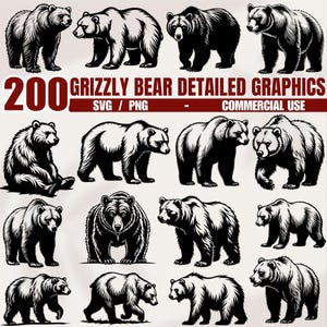 Pode incluir: Uma coleção de 12 gráficos detalhados de ursos pardos em preto e branco. A imagem inclui várias poses dos ursos, com o texto "200 GRIZZLY BEAR DETAILED GRAPHICS SVG / PNG - COMMERCIAL USE" em uma faixa vermelha.