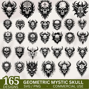Pode incluir: Uma coleção de 165 designs geométricos de caveiras místicas em preto e branco. As caveiras apresentam vários estilos, incluindo chifres, chamas e padrões intrincados. A imagem inclui o texto "165 DESIGNS" e "GEOMETRIC MYSTIC SKULL SVG / PNG - COMMERCIAL USE".