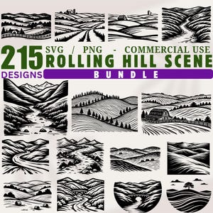 Pode incluir: Um conjunto de 215 designs de cenas de colinas em formato SVG e PNG, para uso comercial. As ilustrações em preto e branco retratam paisagens com campos, estradas, celeiros e árvores.
