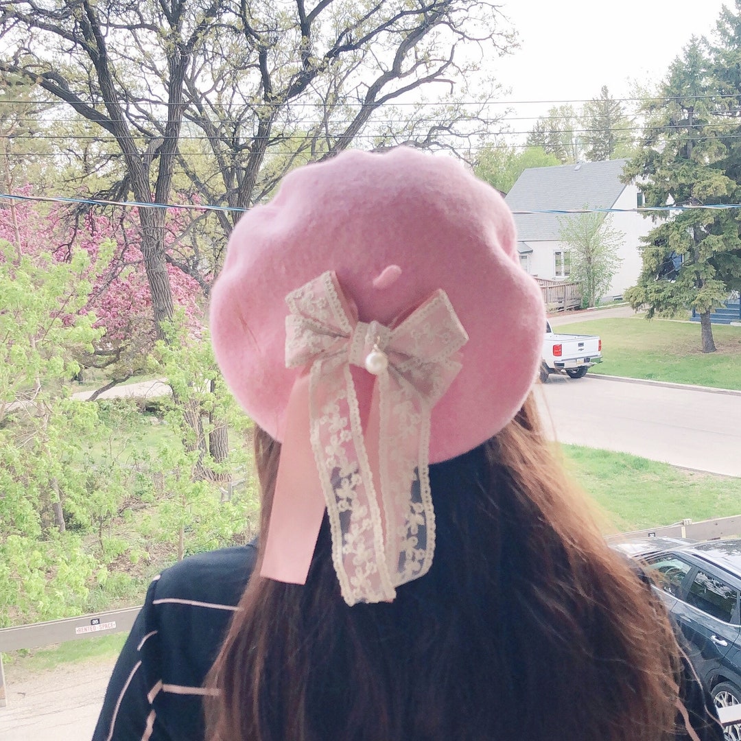 Pink Bow Beret Hat, Bow Beret, Winter Hat, 100 Wool Beret Hat, Summer