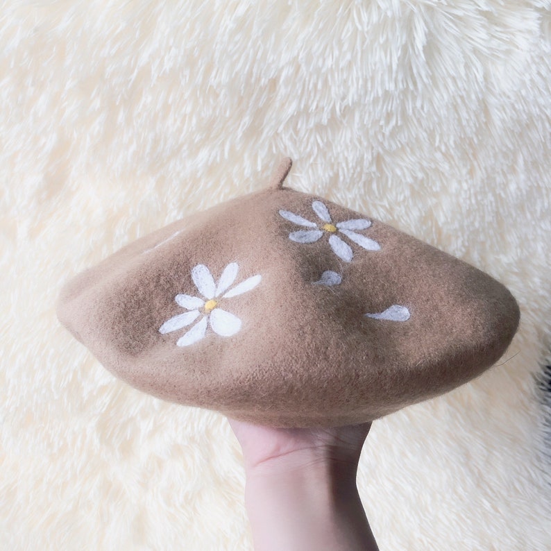 100/% wool beret hat vintage beret French beret flower beret winter hat spring beret Daisy beret hat chestnuts beret gift for girl