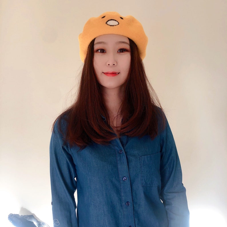 Yellow beret hat face on beret 100/% wool beret kawaii beret hat winter hat gift for girl cute beret hat yellow beret hat