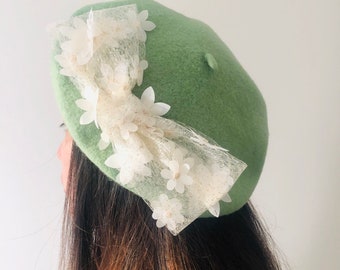 Green beret hat, bow beret, winter hat, 100% wool beret hat, summer beret, spring hat,French beret, vintage beret, gift for girl, Lolita hat