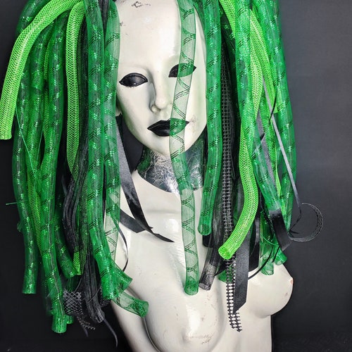 Green and Black beautiful cyberlox ready store to ship dread goth hair falls lox futuristic