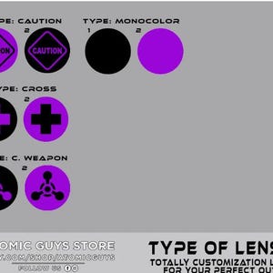 Pu&ograve; includere: Un grafico che mostra diversi tipi di lenti per occhiali. I tipi includono: Attenzione, Monocromatico, Croce e Arma C. Ogni tipo ha due opzioni, una con sfondo nero e una con sfondo viola.