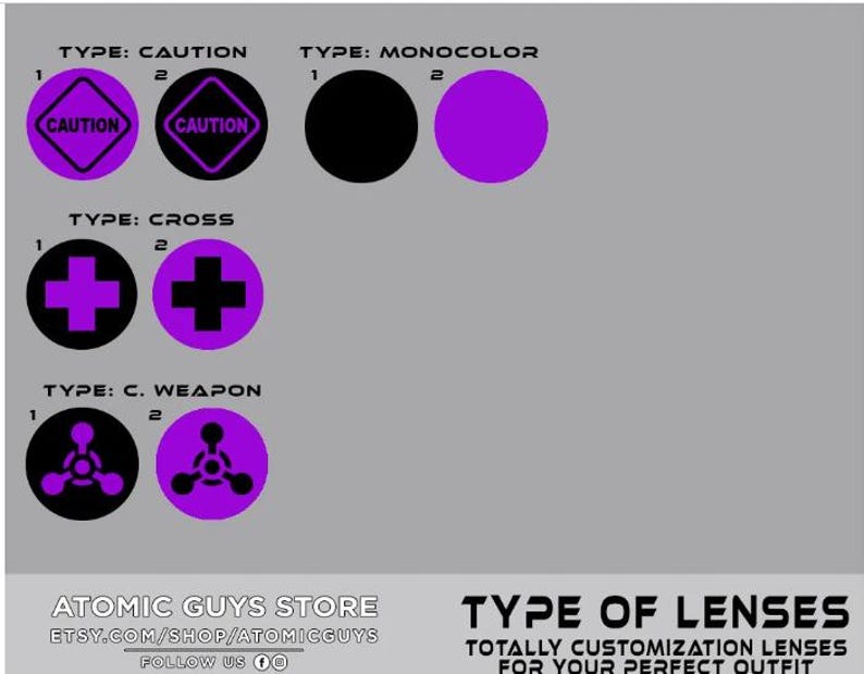 Pu&ograve; includere: Un grafico che mostra diversi tipi di lenti per occhiali. I tipi includono: Attenzione, Monocromatico, Croce e Arma C. Ogni tipo ha due opzioni, una con sfondo nero e una con sfondo viola.