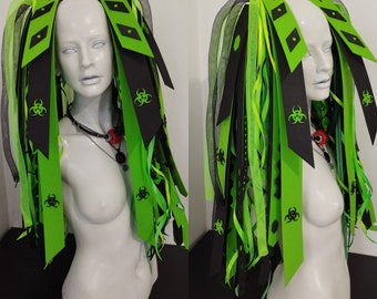 Green and black beautiful cyberlox biohazard geometric ready to ship dread hair falls  cybergoth wig Cosplay  festival