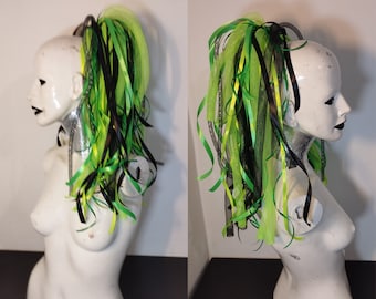 Peluca de cola de caballo Cyberlox negra/verde/verde neón, rastas cyberghot, rastas de cosplay, cola de caballo única