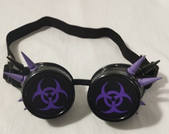 Goggles purple and black cyber goggles with custom lenses - skull - warning - biohazard - death - goth