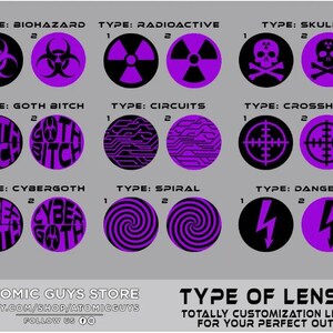 Pu&ograve; includere: Un grafico che mostra diversi tipi di lenti a contatto con vari design, tra cui biohazard, radioattivo, teschio, goth bitch, circuiti, mirino, cybergoth, spirale e pericolo. Le lenti sono viola e nere con accenti bianchi. Il testo "TYPE OF LENSES" &egrave; in fondo al grafico.
