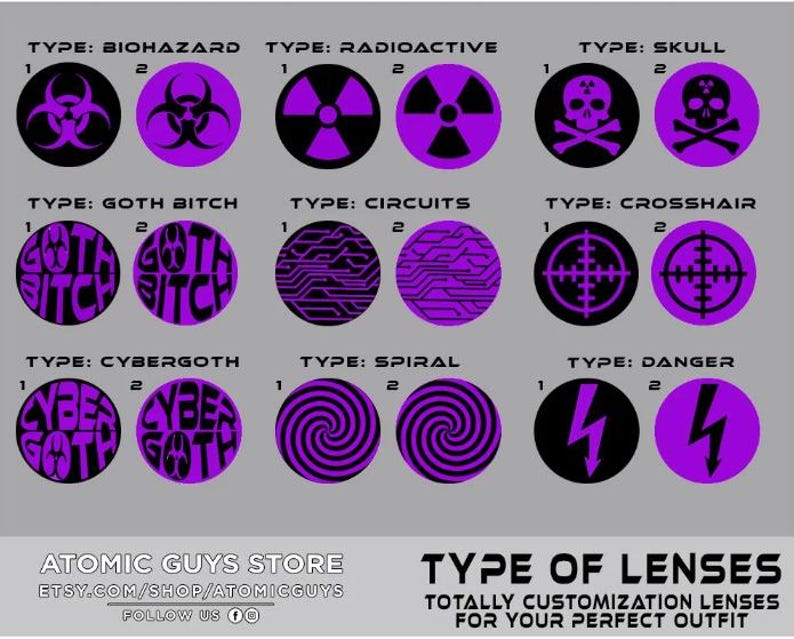 Pu&ograve; includere: Un grafico che mostra diversi tipi di lenti a contatto con vari design, tra cui biohazard, radioattivo, teschio, goth bitch, circuiti, mirino, cybergoth, spirale e pericolo. Le lenti sono viola e nere con accenti bianchi. Il testo "TYPE OF LENSES" &egrave; in fondo al grafico.