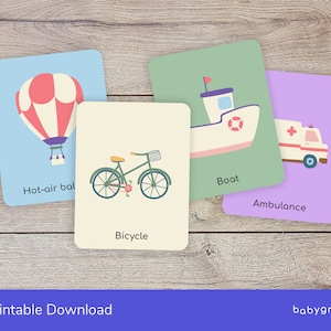 Flashcards sur les véhicules de transport pour bébés et tout-petits | Illustrations | Imprimable | Outil d'apprentissage | Aligné Montessori | Anglais