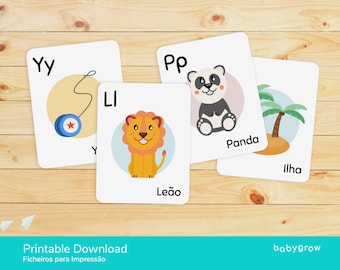 Alfabeto em português com ilustrações | 26 cartões ilustrados | Flashcards | Bebés e crianças