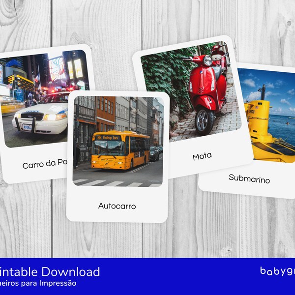 Cartões com fotografias reais de meios de transporte | Português | Flashcards | 20 cartões | Bebés e crianças | Montessori aligned