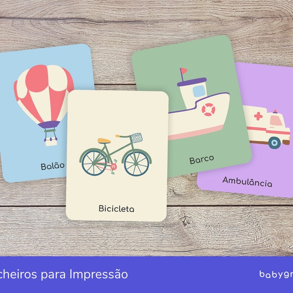 Cartões ilustrados de meios de transporte | Português | Flashcards | Vocabulário | 20 cartões | Bebés e crianças