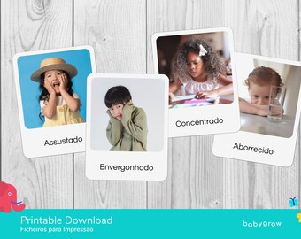 Cartões com emoções de crianças em fotografias reais | Português | Flashcards | 20 cartões | Bebés e crianças | Montessori aligned