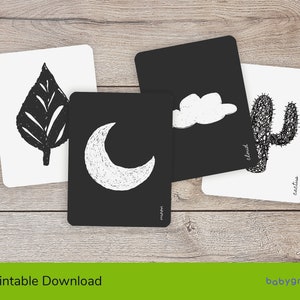 Flashcards imprimíveis de alto contraste para bebês | Natureza, frutas, flores, animais | Preto e Branco | Alinhado Montessori