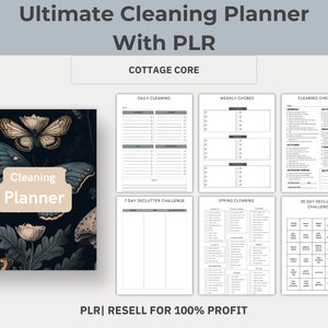 May include: A printable cleaning planner with a cottagecore theme. The cover features a dark background with butterflies, mushrooms, and floral elements. The planner includes sections for daily cleaning, weekly chores, a cleaning checklist, a 7-day declutter challenge, spring cleaning, and a 30-day declutter challenge.