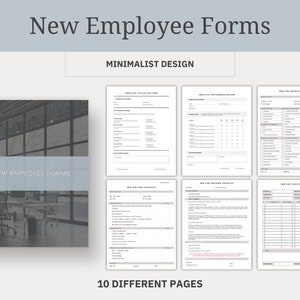 Könnte beinhalten: Ein Satz von 10 druckbaren Formularen für neue Mitarbeiter mit minimalistischem Design. Die Formulare umfassen eine Checkliste für die Einarbeitung neuer Mitarbeiter, eine Checkliste für die Schulung neuer Mitarbeiter und eine Checkliste für die Orientierung neuer Mitarbeiter.