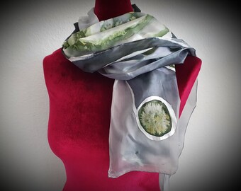 Hand-painted silk scarf with an unusual abstract design in white, grey and olive green