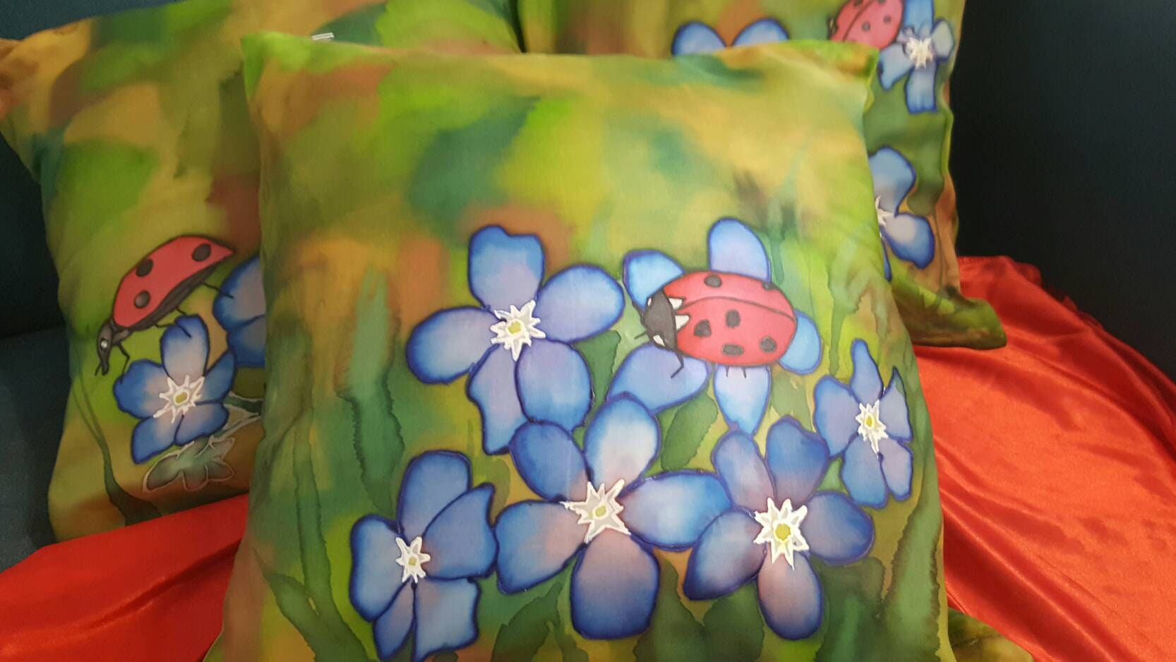 Set of 3 Handpainted Silk Pillow Cases Spring Themed With