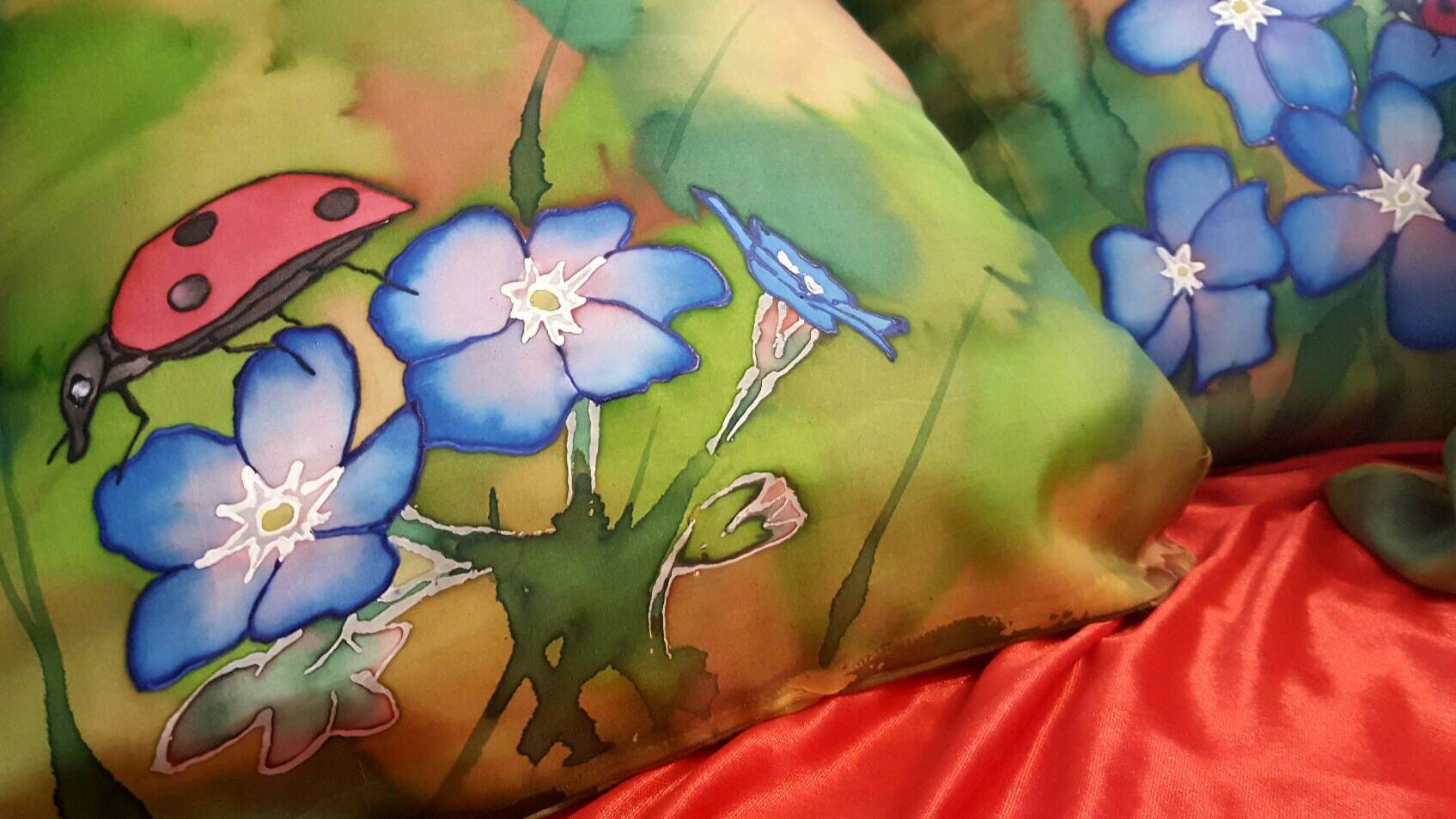 Set of 3 Handpainted Silk Pillow Cases Spring Themed With