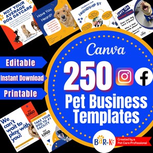 Puede incluir: Un círculo azul y amarillo con el texto "Canva 250 Plantillas para negocios de mascotas" y los logotipos de Instagram y Facebook. El texto "Creado por un profesional del cuidado de mascotas" está debajo del círculo. El círculo está rodeado de imágenes de perros y texto sobre guardería para perros, entrenamiento de perros y aseo de perros.