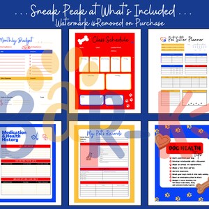 May include: A printable set of six dog-themed planner pages. The pages include a monthly budget, class schedule, pet sitter planner, medication and health history, my pet's records, and dog health tips.