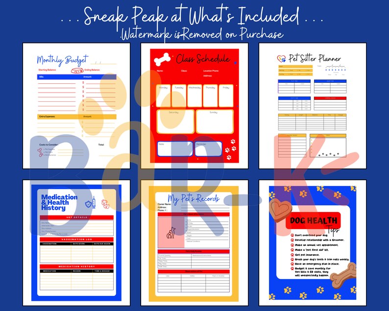 May include: A printable set of six dog-themed planner pages. The pages include a monthly budget, class schedule, pet sitter planner, medication and health history, my pet's records, and dog health tips.