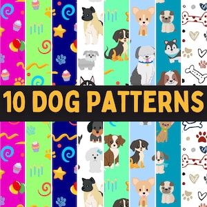 10 Hond Digitale Prints - Hond Patroon PNG - Puppy Hond Papier Pack - Hond Patronen Scrapbook, Achtergrond - Hond Digitaal Papier Commercieel Gebruik 300 DPI
