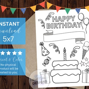 Printable Coloring Happy Birthday Card - Cake - Balloons - Party