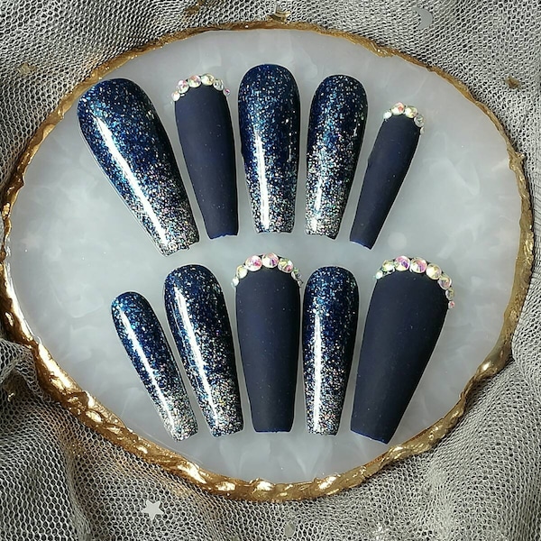 Matte Navy Blue with Silver Glitter & Rhinestone | Press On Nails | Glue On Nails | Fake Nails | False Nails
