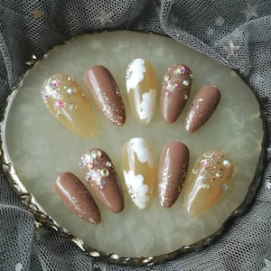 Mocha Brown with Rhinestones | Press On Nails | Glue On Nails | Fake Nails | False Nails