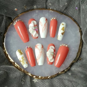 3D Flower Living Coral Marble Color | Press On Nails | Glue On Nails | Fake Nails | False Nails