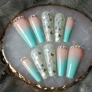 Ombre Sky Blue with Butterfly Glitter | Press On Nails | Glue On Nails | Fake Nails | False Nails