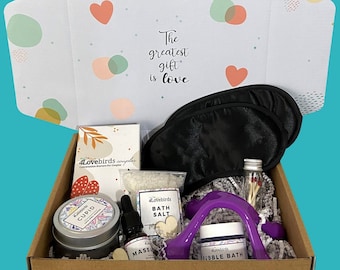 Date Night Massage Box - Bubble Bath, Bath Salt, Natural Massage Oil, Massage tool, Two Sleep Mask and Soy Candle - Great Anniversary Gift