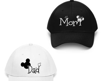 Disney MOM and DAD Mickey Mouse Minnie Mouse Inspired Hats, Disney Parents, Cool Mom and Dad Family Disney Trip Unisex Twill Hat