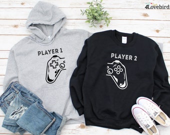 Player 1 and Player 2 Hoodie, Lovers matching T-shirt, Gift for Couples, Valentine Sweatshirt, Gaming Couple Longsleeve, Geek Couple Tshirt