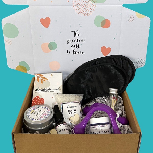 Date Night Massage Box - Bubble Bath, Bath Salt, Natural Massage Oil and Tools, Two Sleep Mask and Soy Candle - Great Anniversary Gift