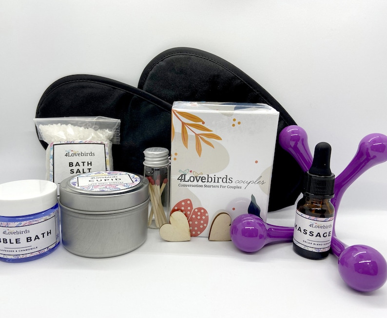 Date Night Massage Box Bubble Bath, Bath Salt, Natural Massage Oil, Massage tool, Two Sleep Mask and Soy Candle Great Anniversary Gift image 5