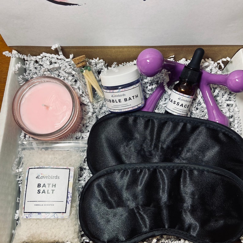 Date Night Massage Box Bubble Bath, Bath Salt, Natural Massage Oil, Massage tool, Two Sleep Mask and Soy Candle Great Anniversary Gift image 9