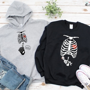 Couple Skeleton X-Ray Hoodie, Funny Maternity Halloween Ideas Photoshoot Sweatshirts, Matching First Time Parents Long Sleeve Shirts